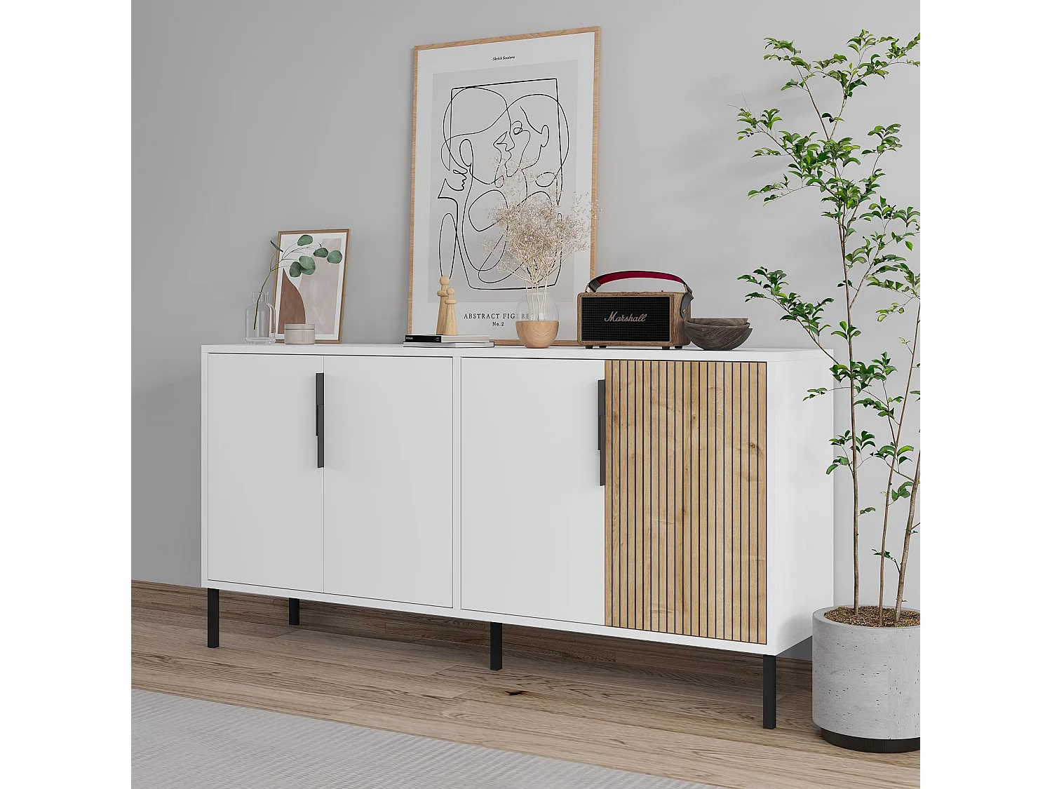 Aparador – 150 cm x 75 cm x 36 cm – Branco e Carvalho Safira – Aglomerado e Metal