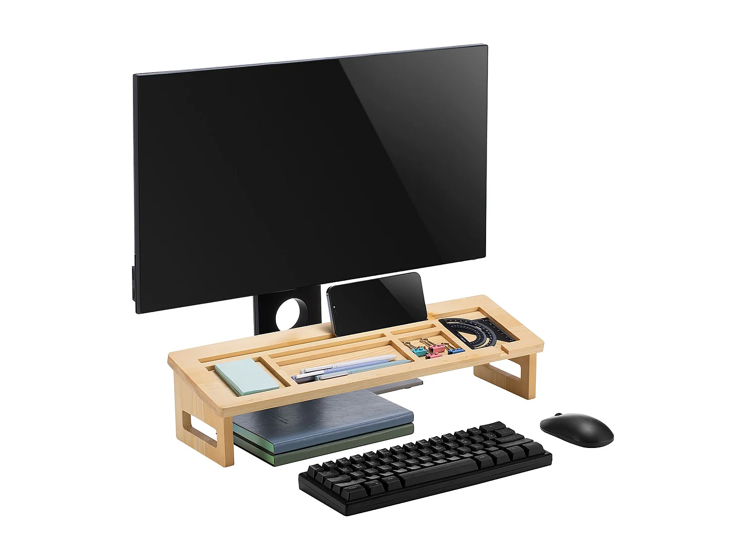 Organisateur de bureau ALCUDIA en pin coloris naturel, rangement de bureau en bois pour stylos et matériel scolaire