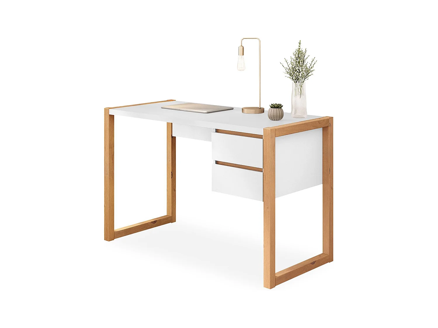 Bureau en Bois Belinda L 119 cm 2 Tiroirs Coloris Blanc et Chêne Table de Travail Bureau Droit Compact