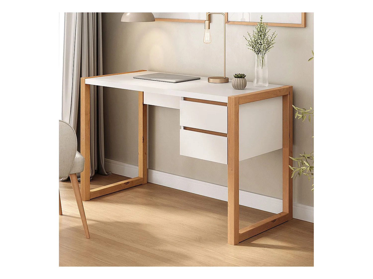 Bureau en Bois Belinda L 119 cm 2 Tiroirs Coloris Blanc et Chêne Table de Travail Bureau Droit Compact