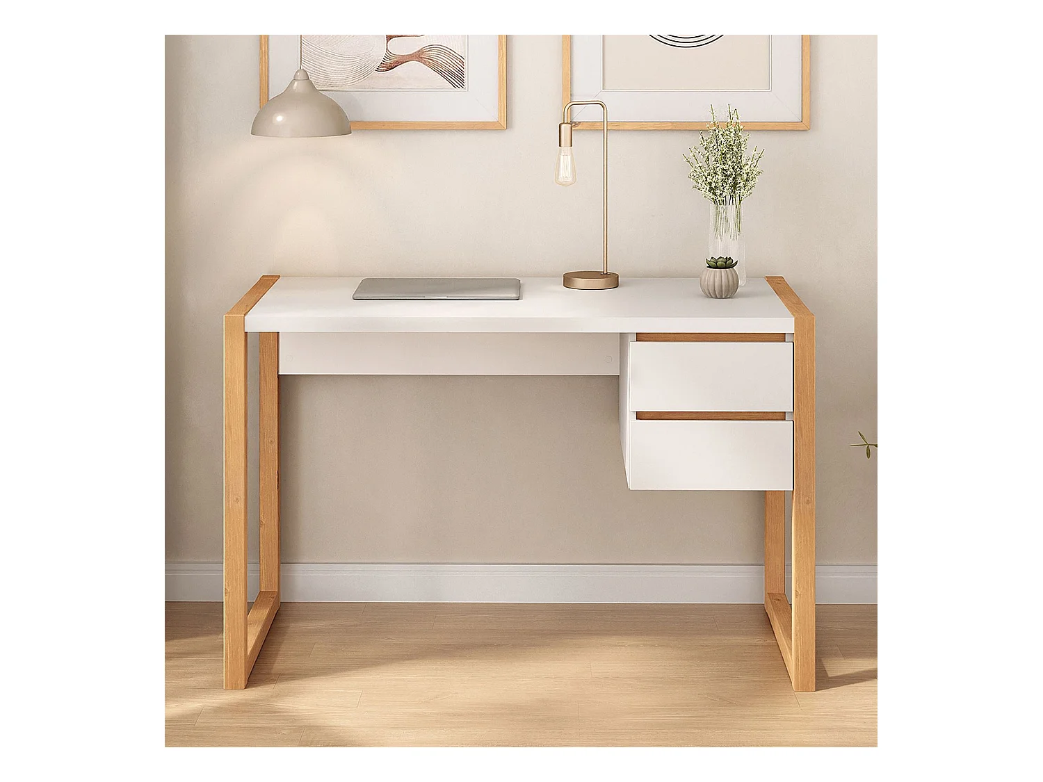 Bureau en Bois Belinda L 119 cm 2 Tiroirs Coloris Blanc et Chêne Table de Travail Bureau Droit Compact