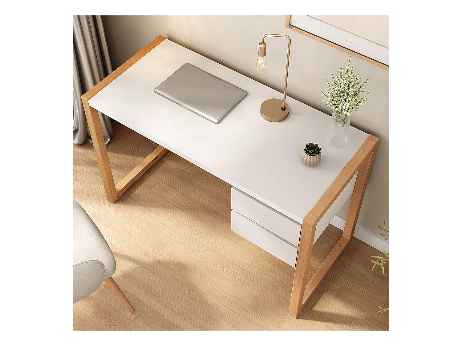 Bureau en Bois Belinda L 119 cm 2 Tiroirs Coloris Blanc et Chêne Table de Travail Bureau Droit Compact