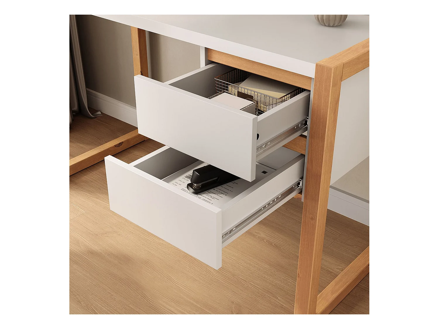 Bureau en Bois Belinda L 119 cm 2 Tiroirs Coloris Blanc et Chêne Table de Travail Bureau Droit Compact