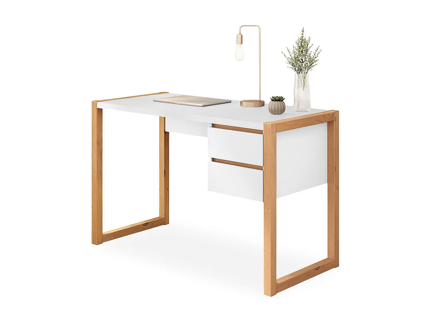 Bureau en Bois Belinda L 119 cm 2 Tiroirs Coloris Blanc et Chêne Table de Travail Bureau Droit Compact