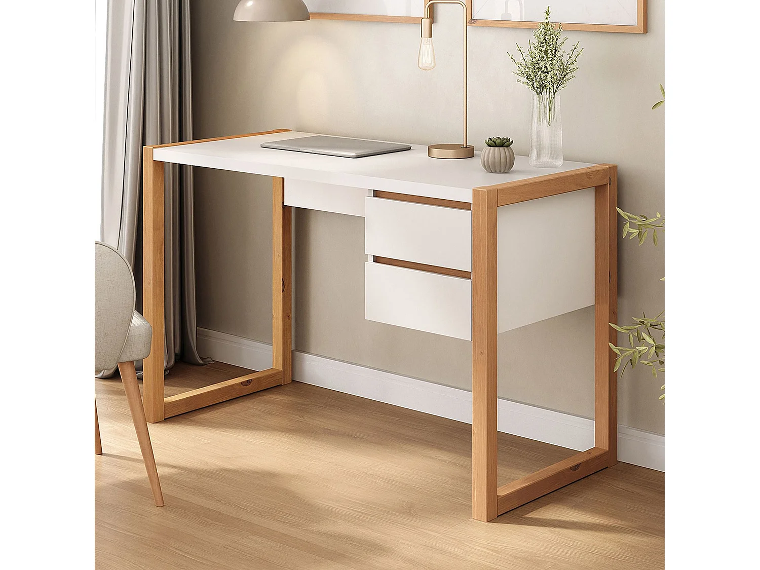 Bureau en Bois Belinda L 119 cm 2 Tiroirs Coloris Blanc et Chêne Table de Travail Bureau Droit Compact