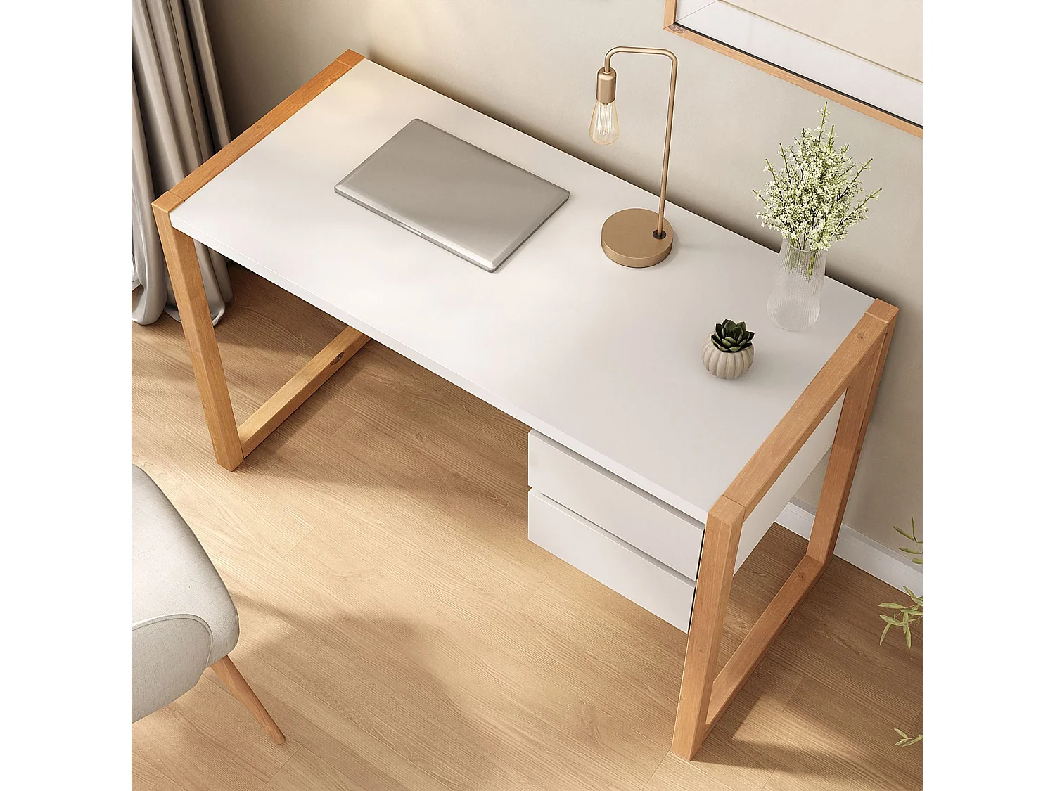 Bureau en Bois Belinda L 119 cm 2 Tiroirs Coloris Blanc et Chêne Table de Travail Bureau Droit Compact