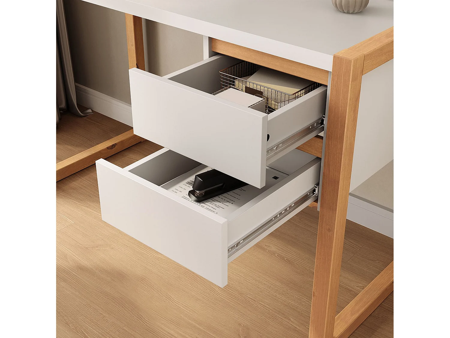 Bureau en Bois Belinda L 119 cm 2 Tiroirs Coloris Blanc et Chêne Table de Travail Bureau Droit Compact