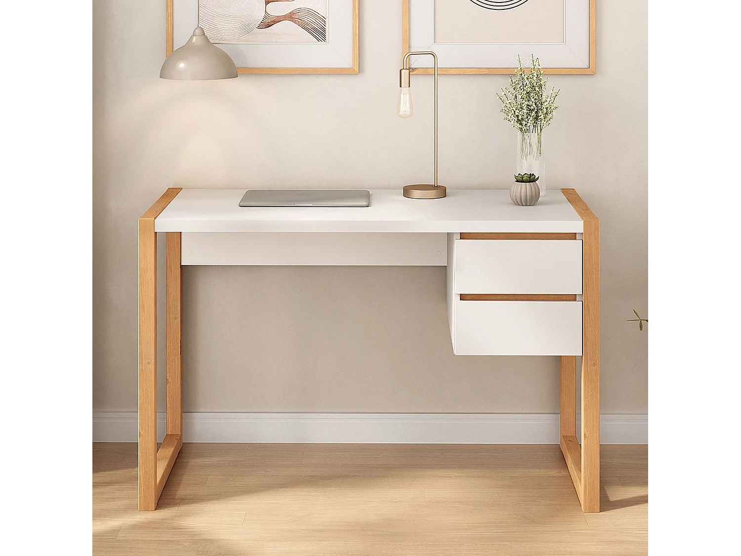 Bureau en Bois Belinda L 119 cm 2 Tiroirs Coloris Blanc et Chêne Table de Travail Bureau Droit Compact