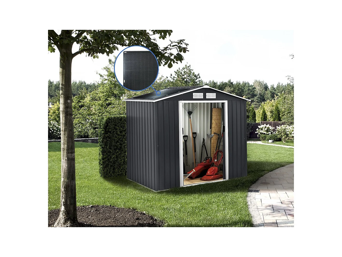 Abri de jardin métal - "Vegas" - 5.29 m² avec panneaux solaires - Gris