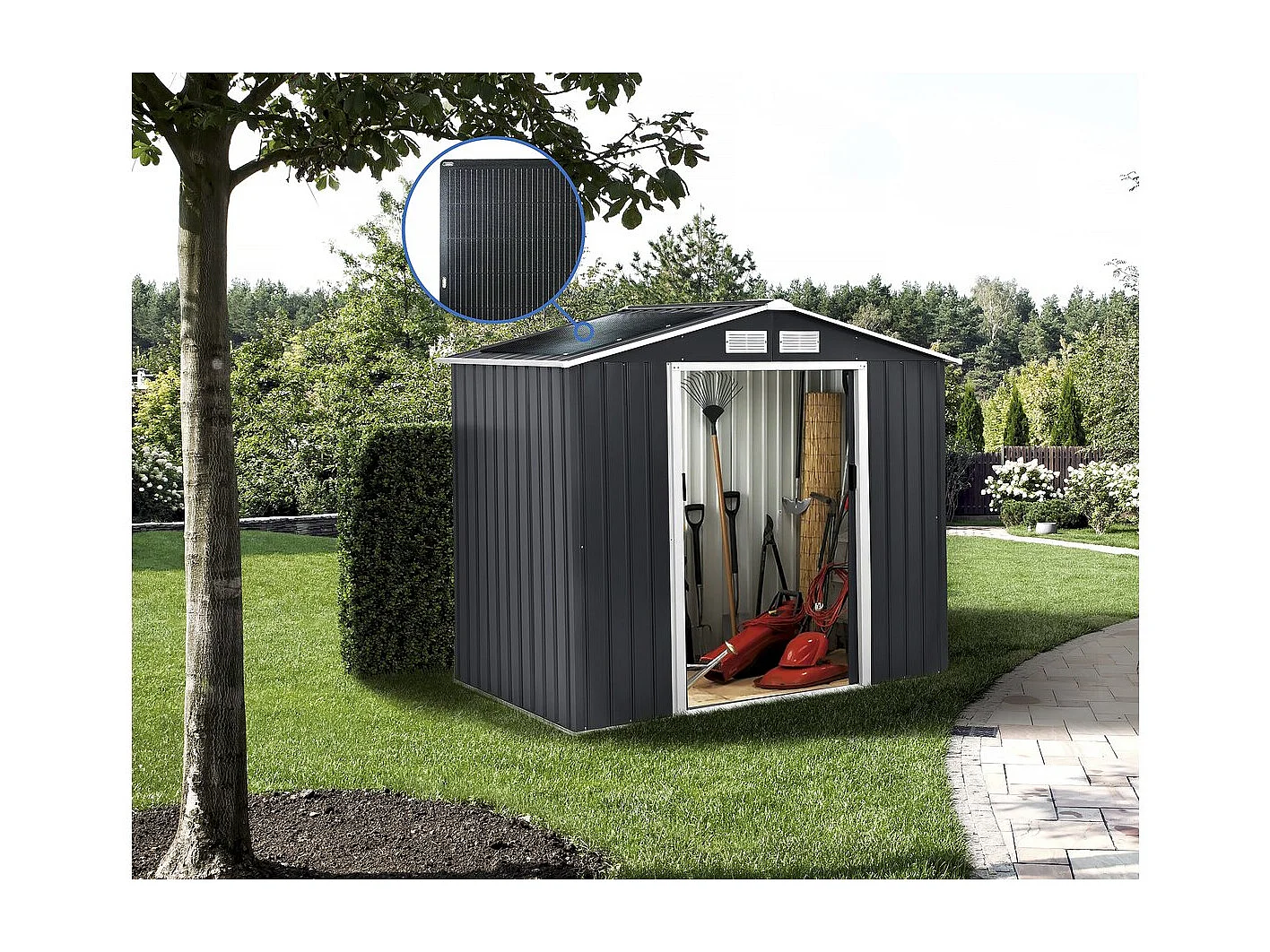 Abri de jardin métal - "Vegas" - 5.29 m² avec panneaux solaires - Gris