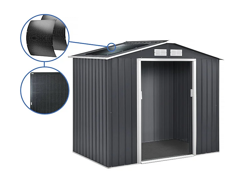 Abri de jardin métal - "Vegas" - 5.29 m² avec panneaux solaires - Gris