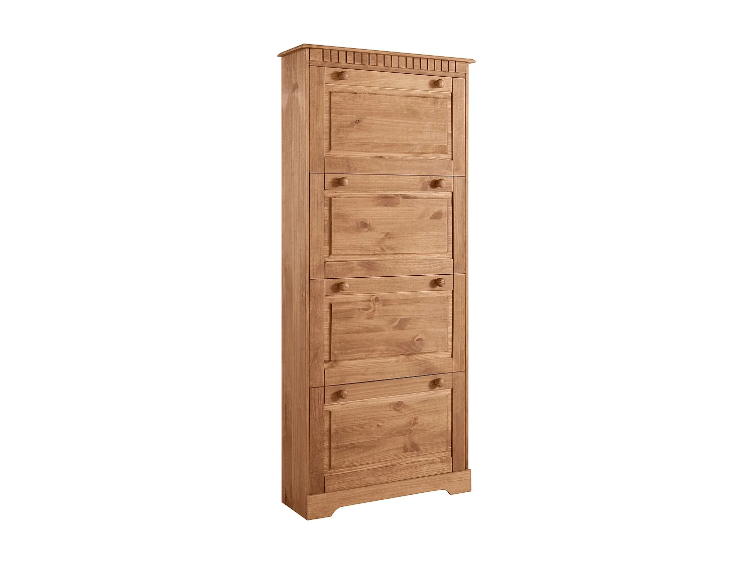 Lisa | Coffre à chaussures avec 4 portes battantes en pin naturelCoffre à chaussures à 4 rabats en brun pin