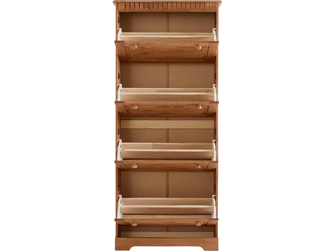 Lisa | Coffre à chaussures avec 4 portes battantes en pin naturelCoffre à chaussures à 4 rabats en brun pin