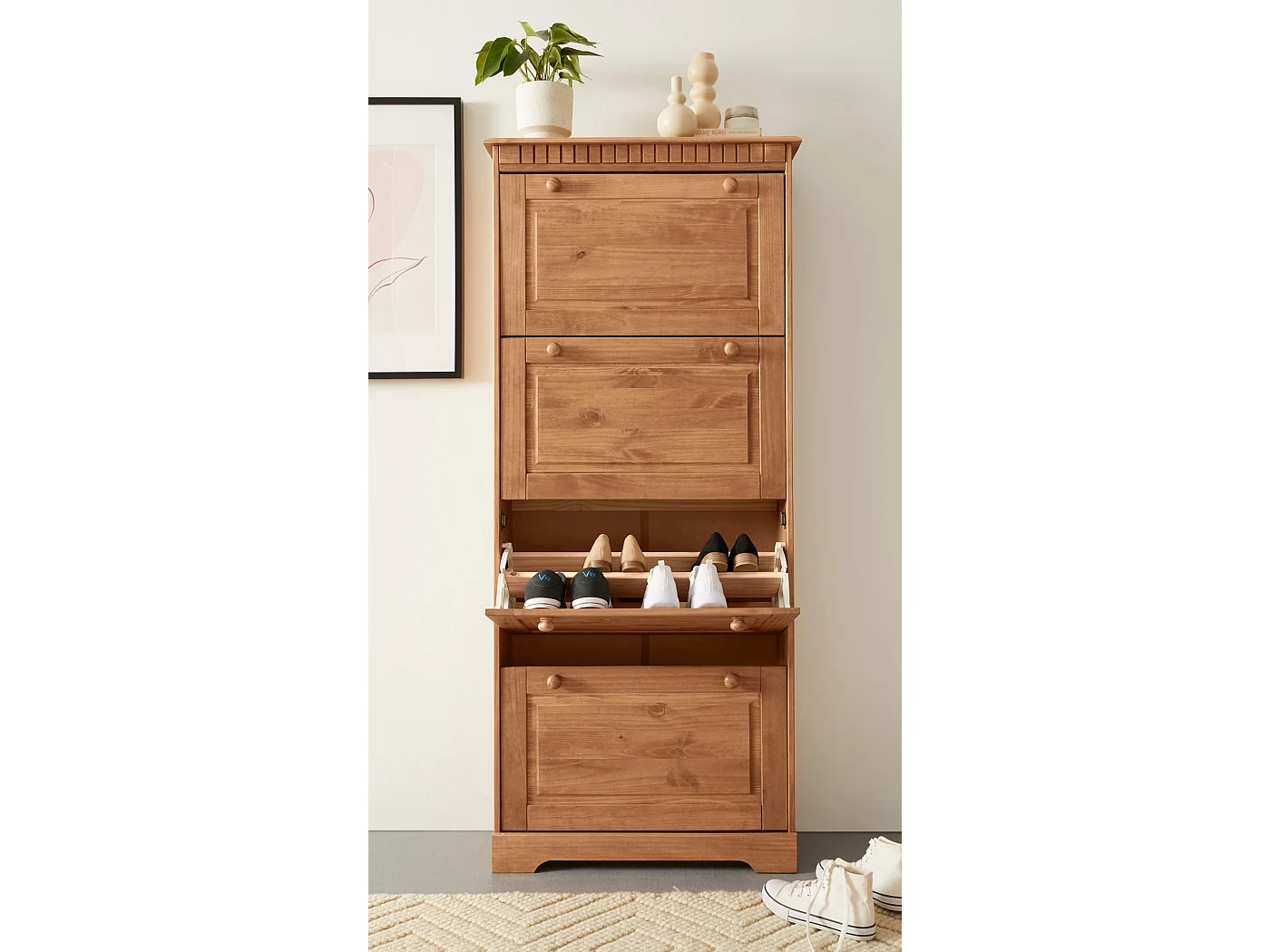 Lisa-Schoenkast met 4 kleppen in natuurlijk grenen