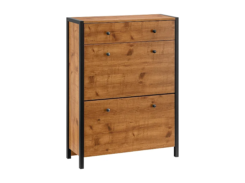 Chris | Coffre à chaussures avec 2 portes battantes en effet chêneArmoire à chaussures avec 2 portes rabattables et 1 tiroir en planche partical Nature