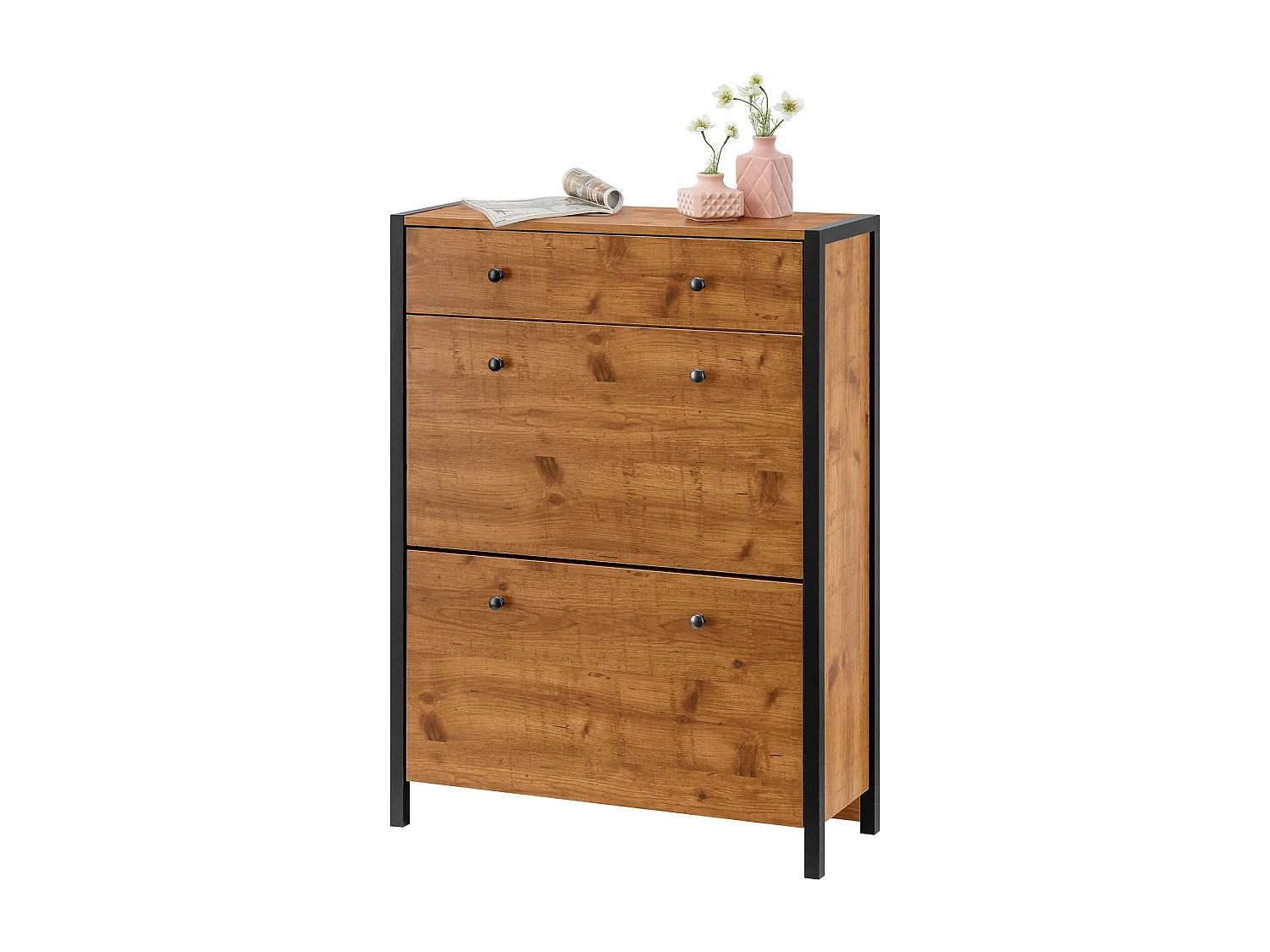 Chris | Coffre à chaussures avec 2 portes battantes en effet chêneArmoire à chaussures avec 2 portes rabattables et 1 tiroir en planche partical Nature