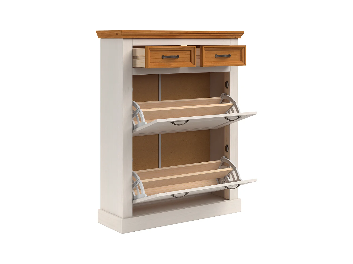 Selma | Schoenenopberger met 2 klepdeuren en 2 lades in grenen wit