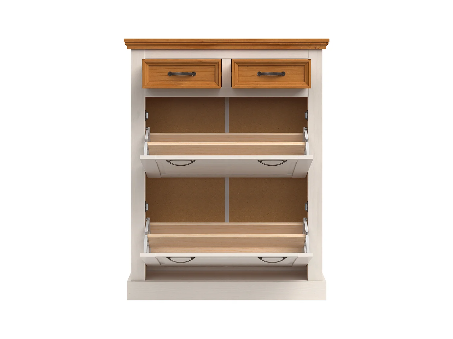 Selma | Schoenenopberger met 2 klepdeuren en 2 lades in grenen wit