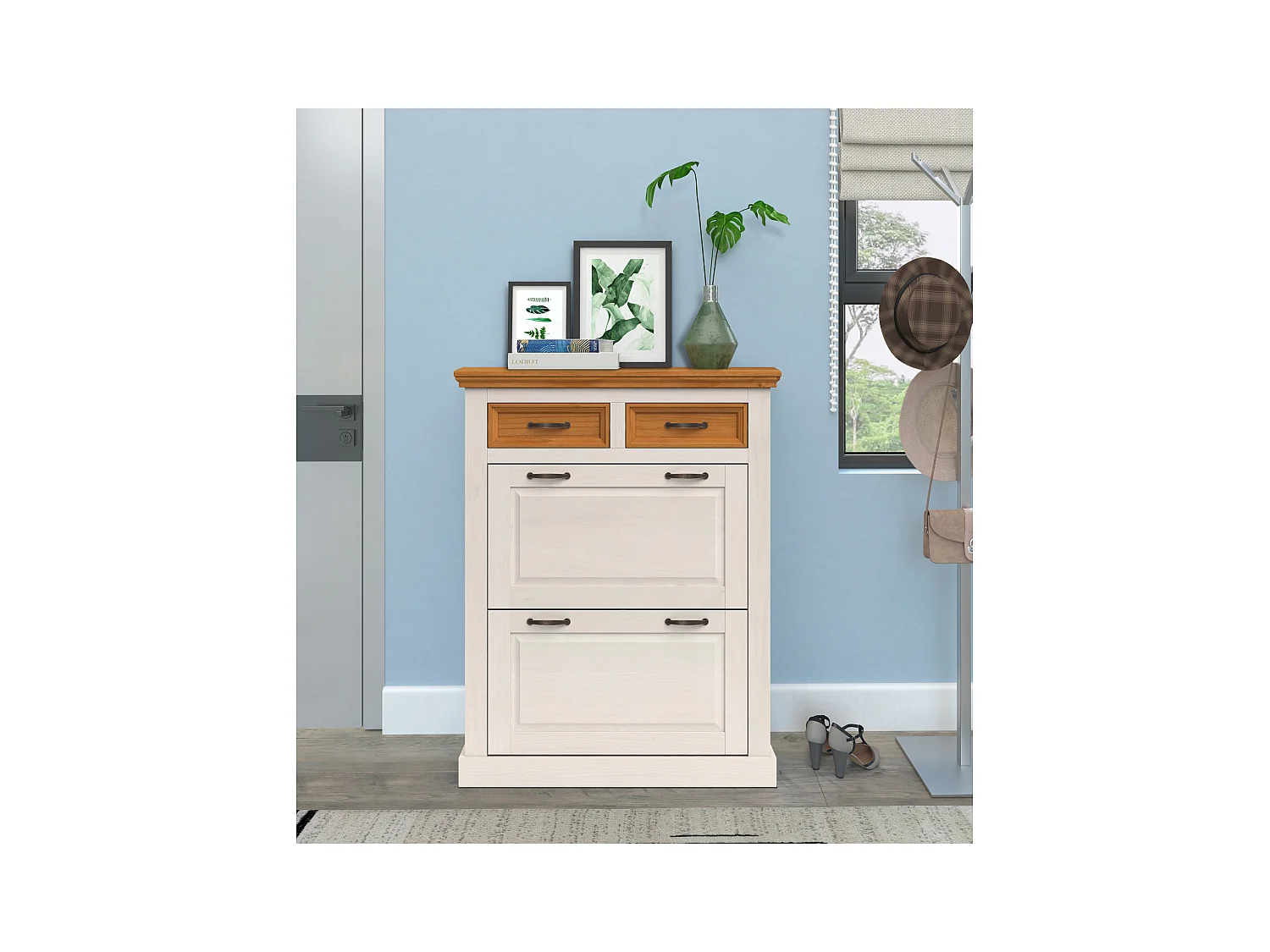 Selma | Schoenenopberger met 2 klepdeuren en 2 lades in grenen wit