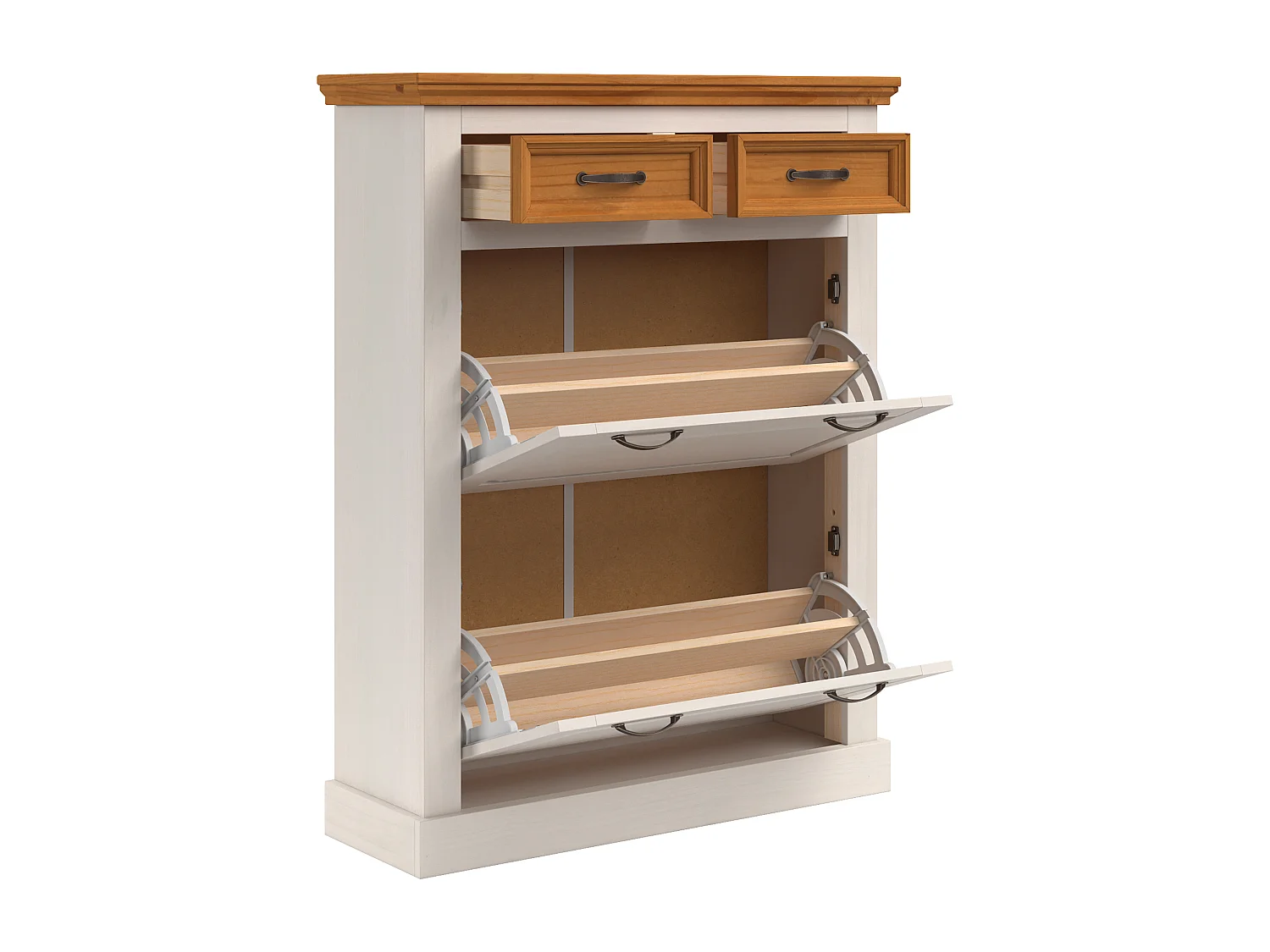 Selma | Rangement à chaussures avec 2 portes à rabat et 2 tiroirs en blanc sapin