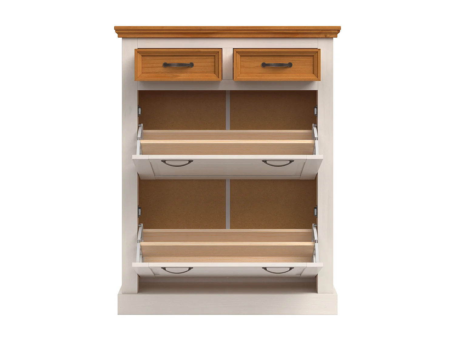 Selma | Rangement à chaussures avec 2 portes à rabat et 2 tiroirs en blanc sapin