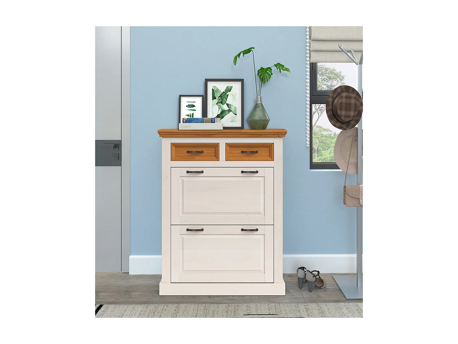 Selma | Rangement à chaussures avec 2 portes à rabat et 2 tiroirs en blanc sapin