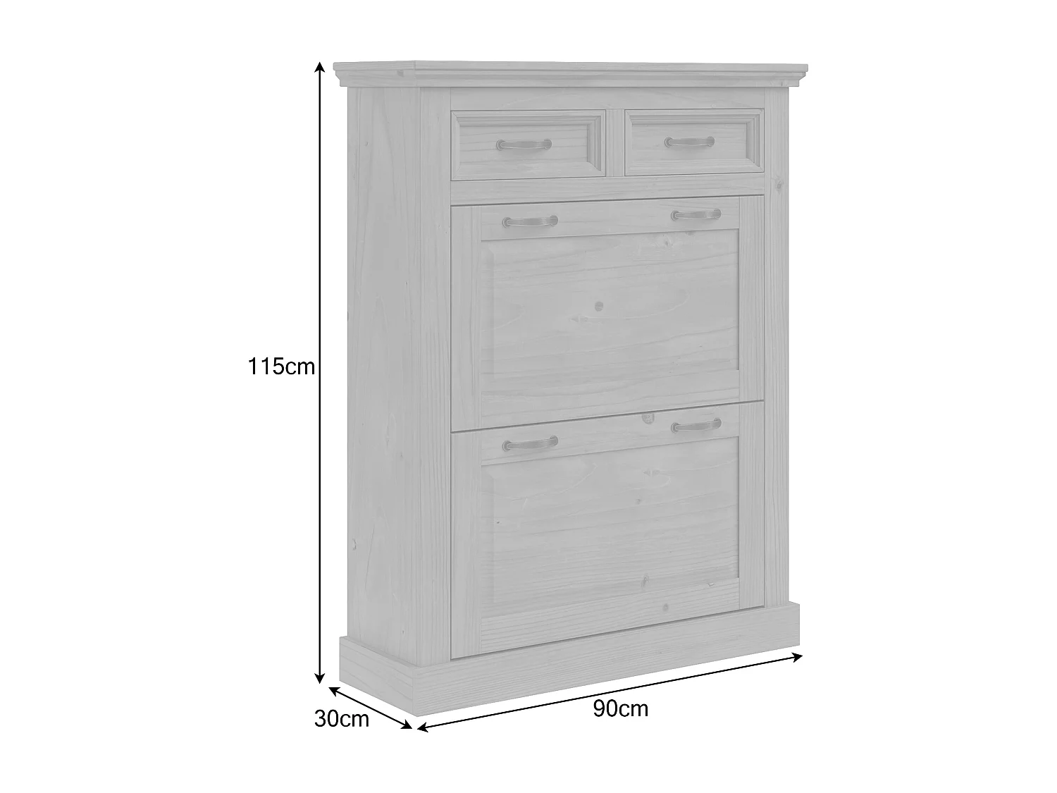 Selma | Rangement à chaussures avec 2 portes à rabat et 2 tiroirs en blanc sapin