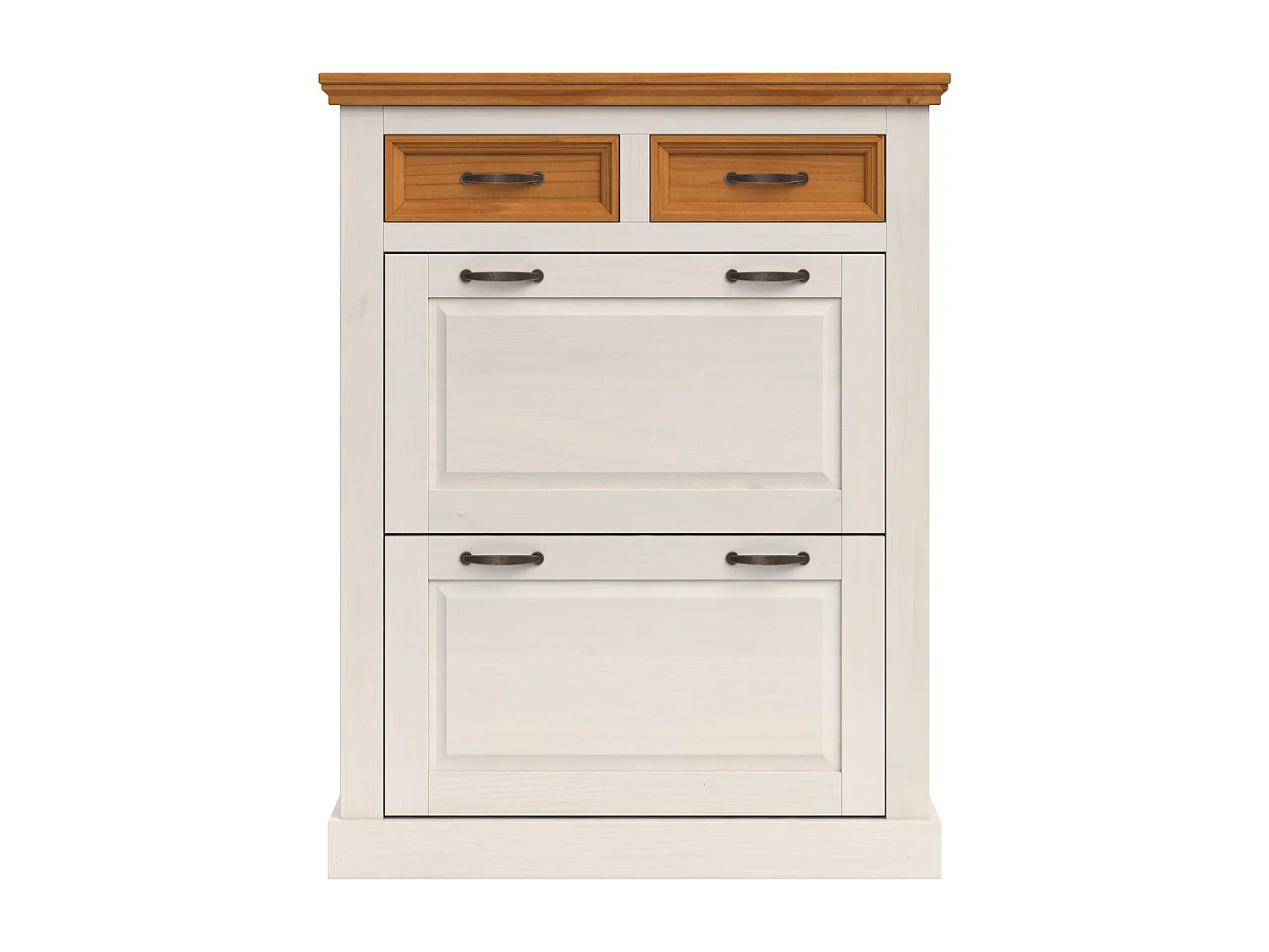 Selma | Rangement à chaussures avec 2 portes à rabat et 2 tiroirs en blanc sapin