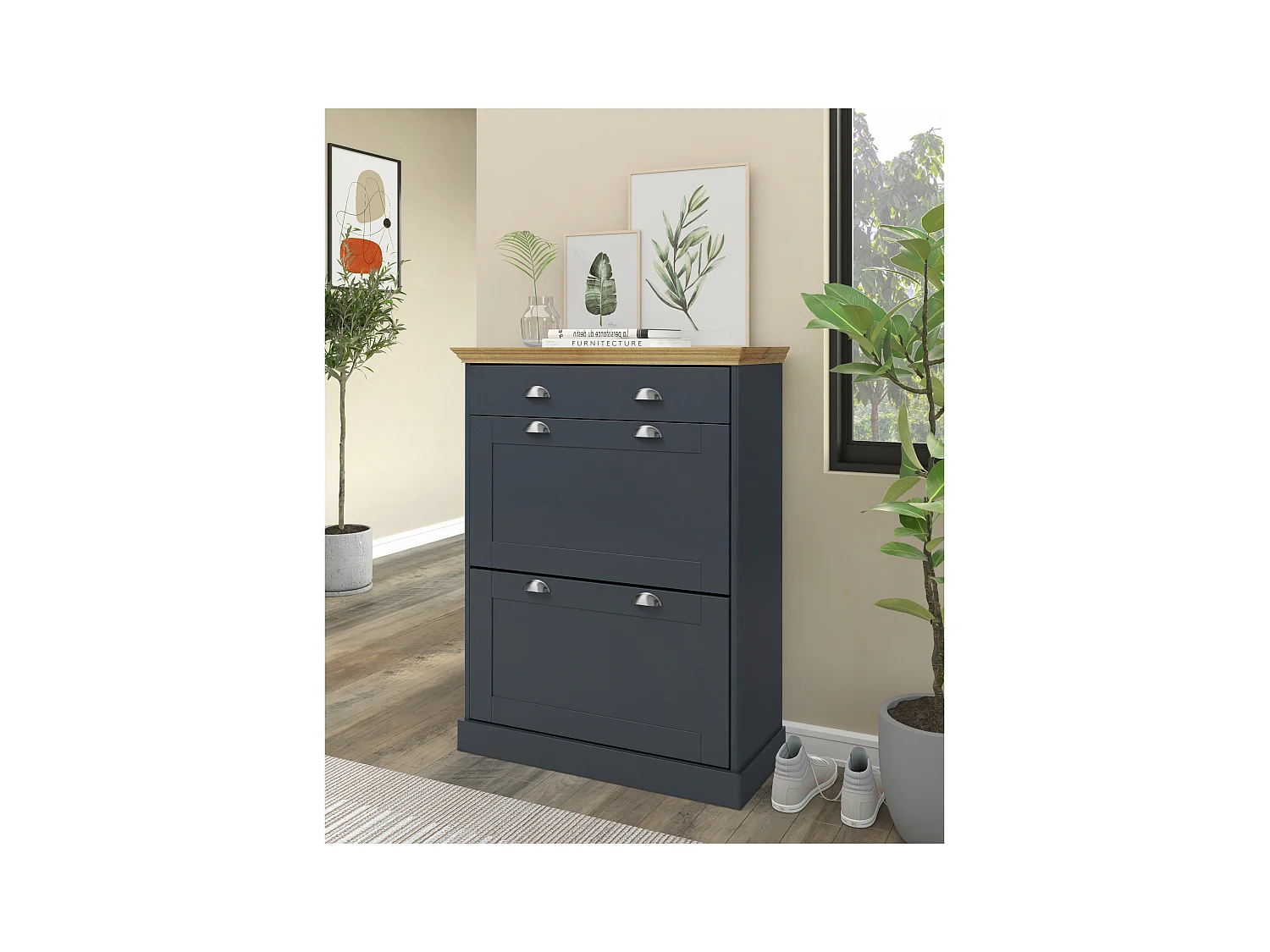 Motala | Schoenenopberger met 2 klepdeuren, 1 lade in grenen antraciet