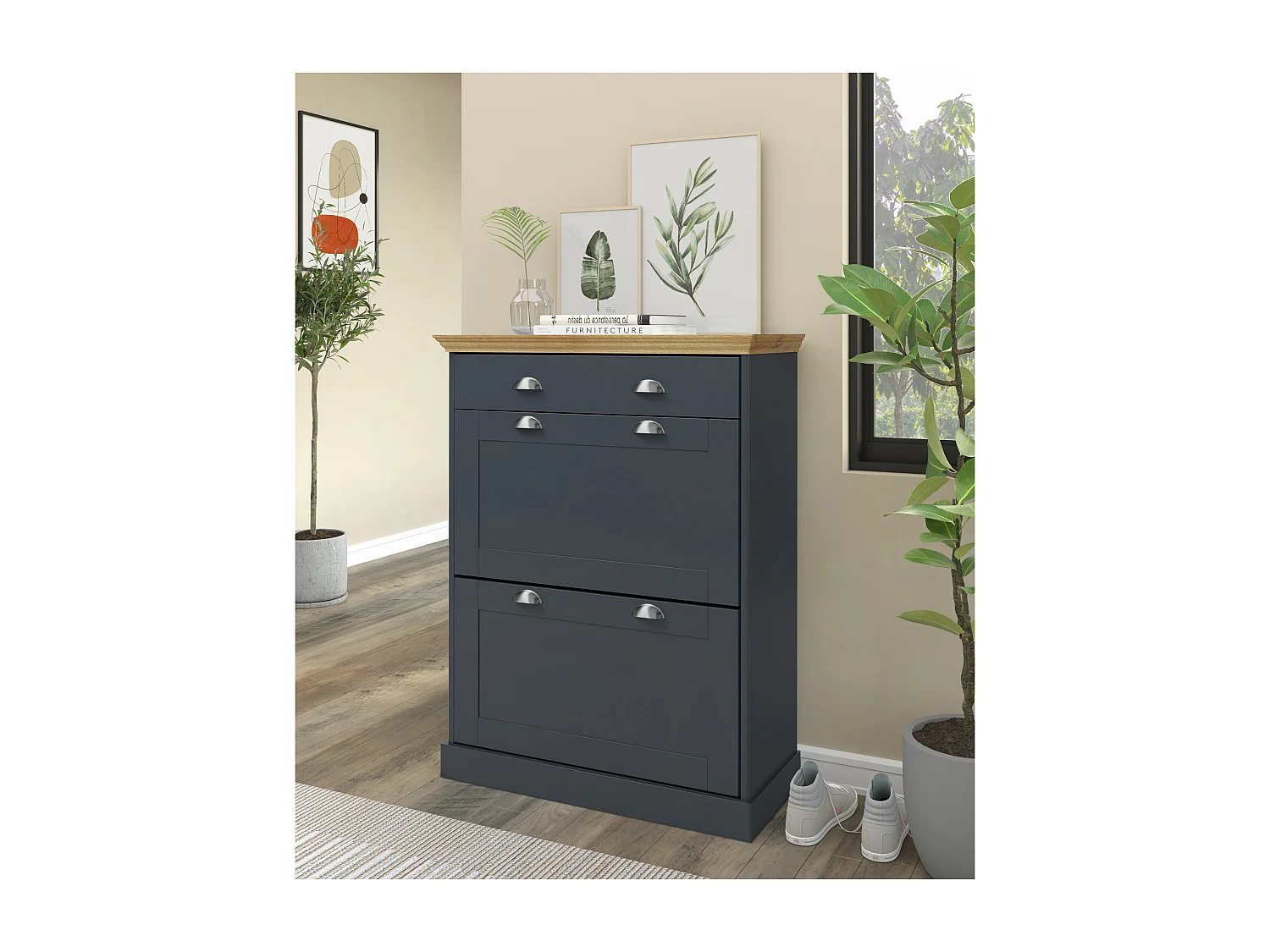 Motala | Coffre à chaussures à 2 portes battantes et 1 tiroir en anthraciteRangement pour chaussures avec 2 portes à rabat et 1 tiroir en pin anthracite