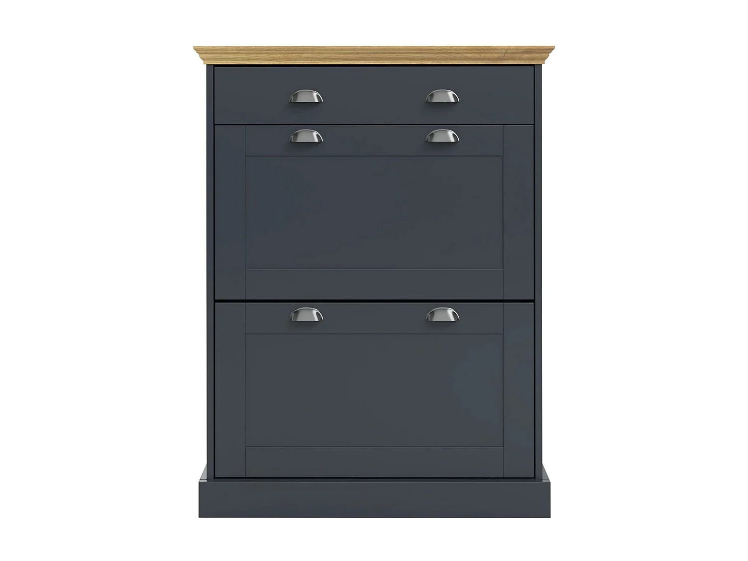 Motala | Coffre à chaussures à 2 portes battantes et 1 tiroir en anthraciteRangement pour chaussures avec 2 portes à rabat et 1 tiroir en pin anthracite