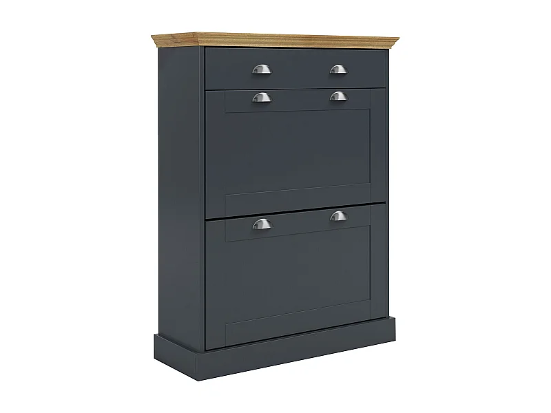 Motala | Coffre à chaussures à 2 portes battantes et 1 tiroir en anthraciteRangement pour chaussures avec 2 portes à rabat et 1 tiroir en pin anthracite