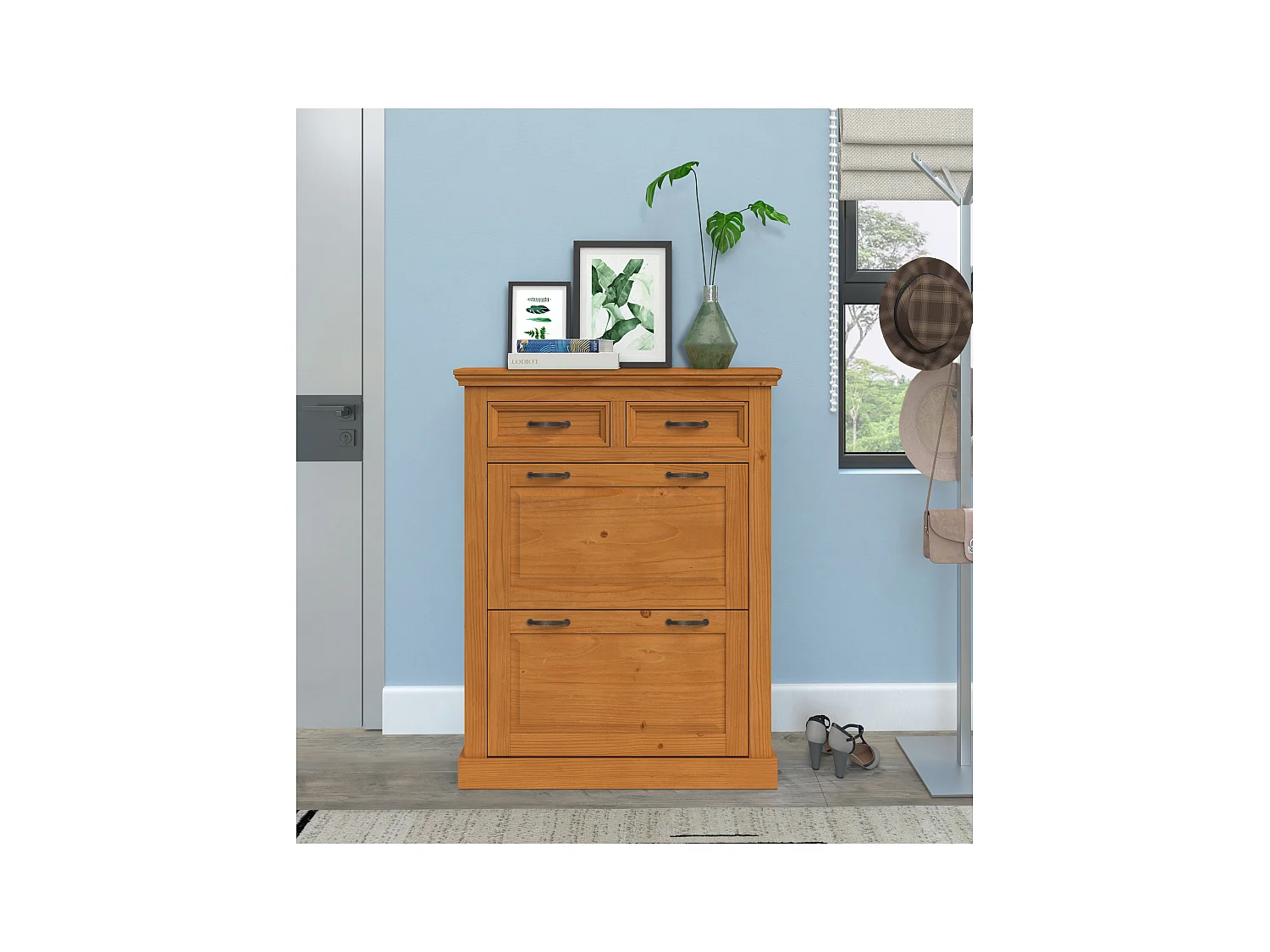 Selma | Rangement pour chaussures avec 2 portes à rabat et 2 tiroirs en pin