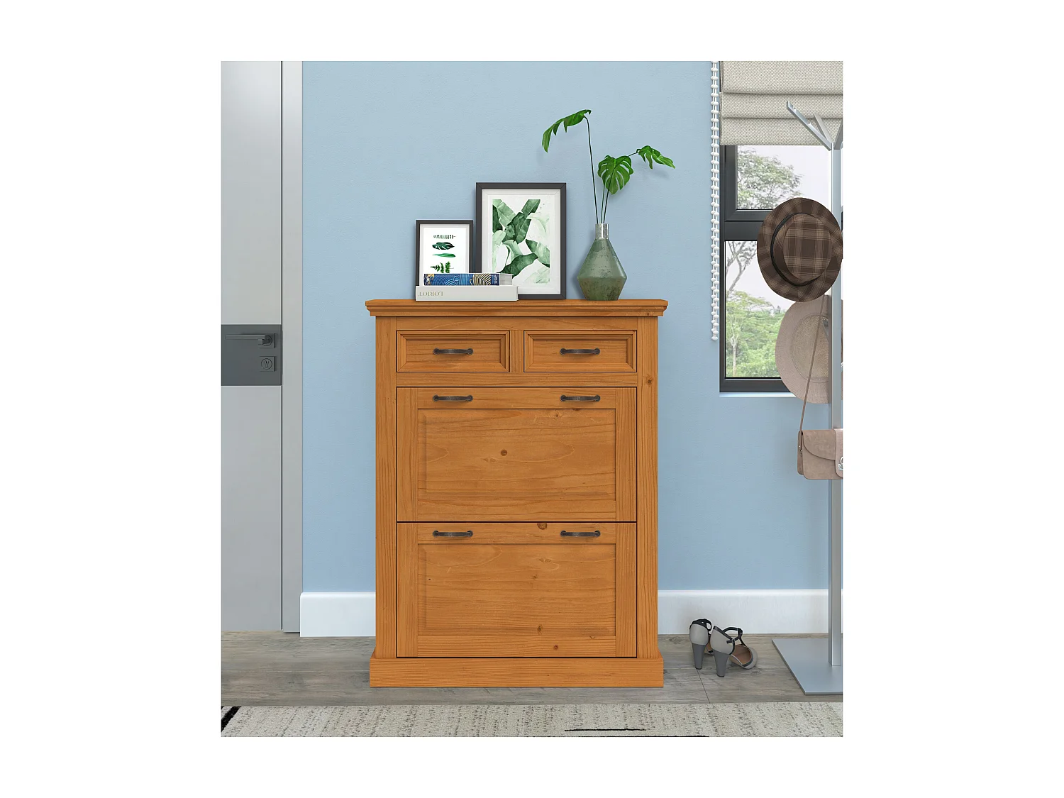 Selma | Rangement pour chaussures avec 2 portes à rabat et 2 tiroirs en pin