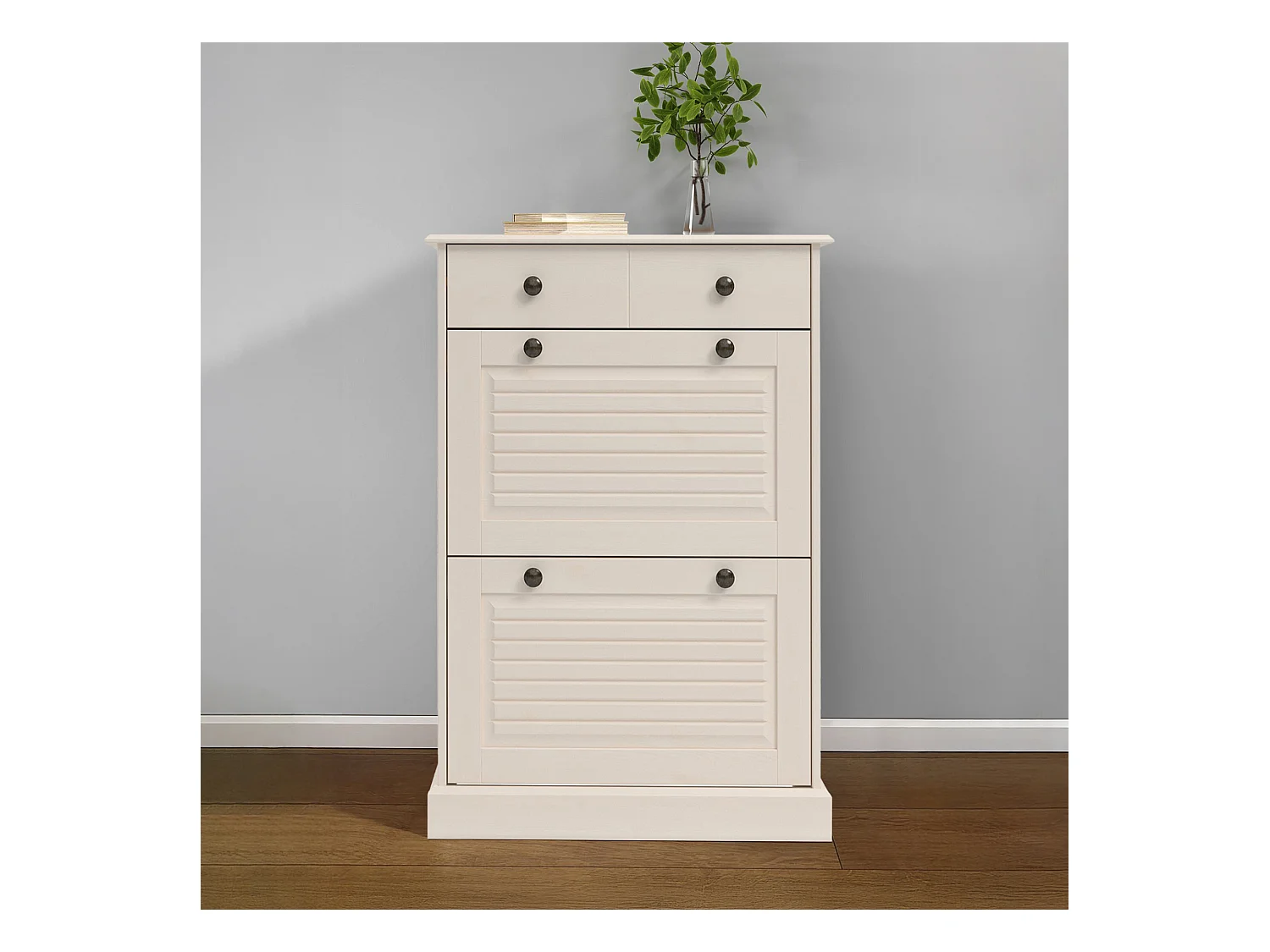 Mille | Schoenenkist met 2 klepdeuren 1 lade in grenen wit