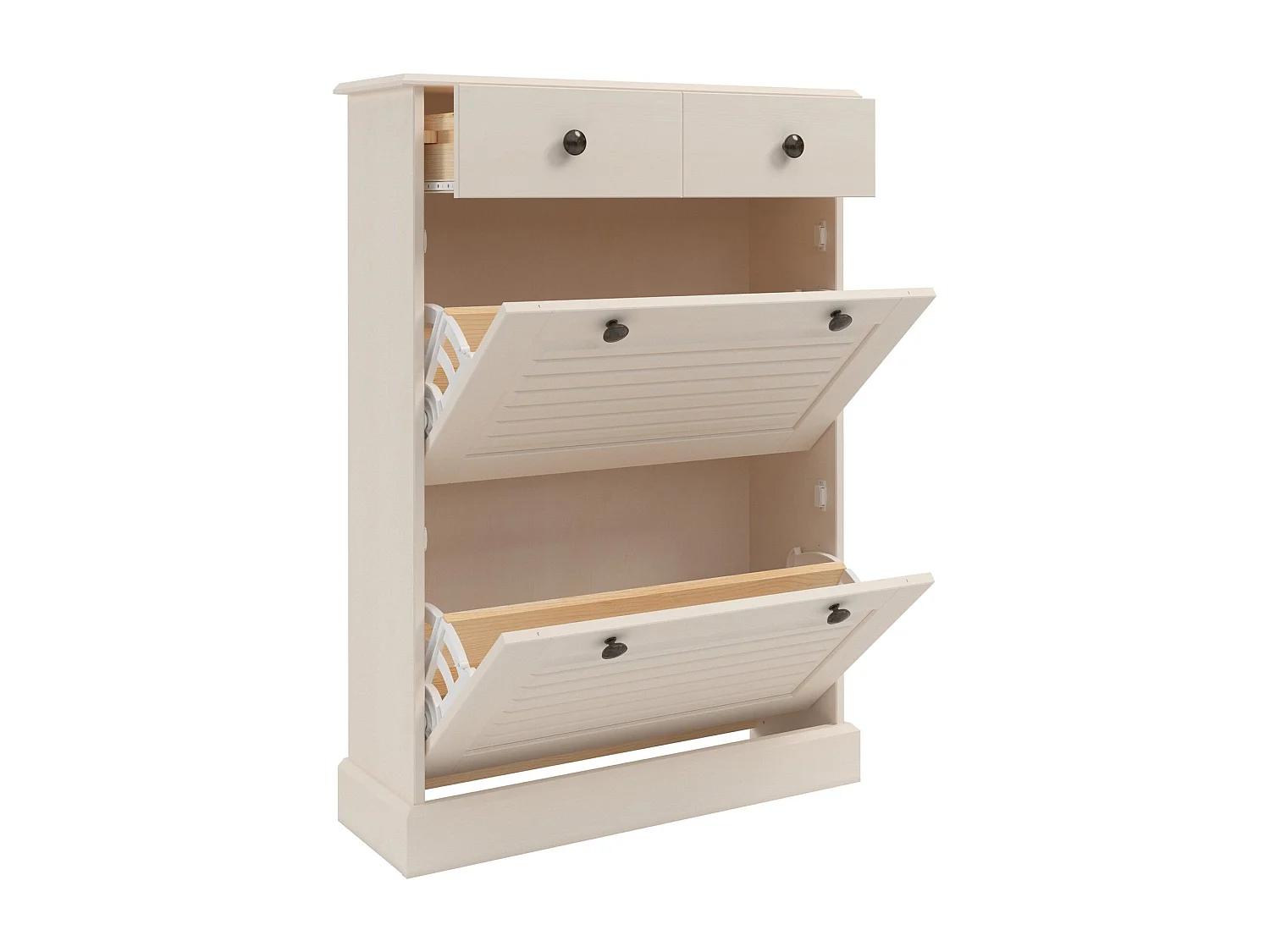 Mille | Coffre à chaussures avec 2 portes à rabat et 1 tiroir en pin blanc