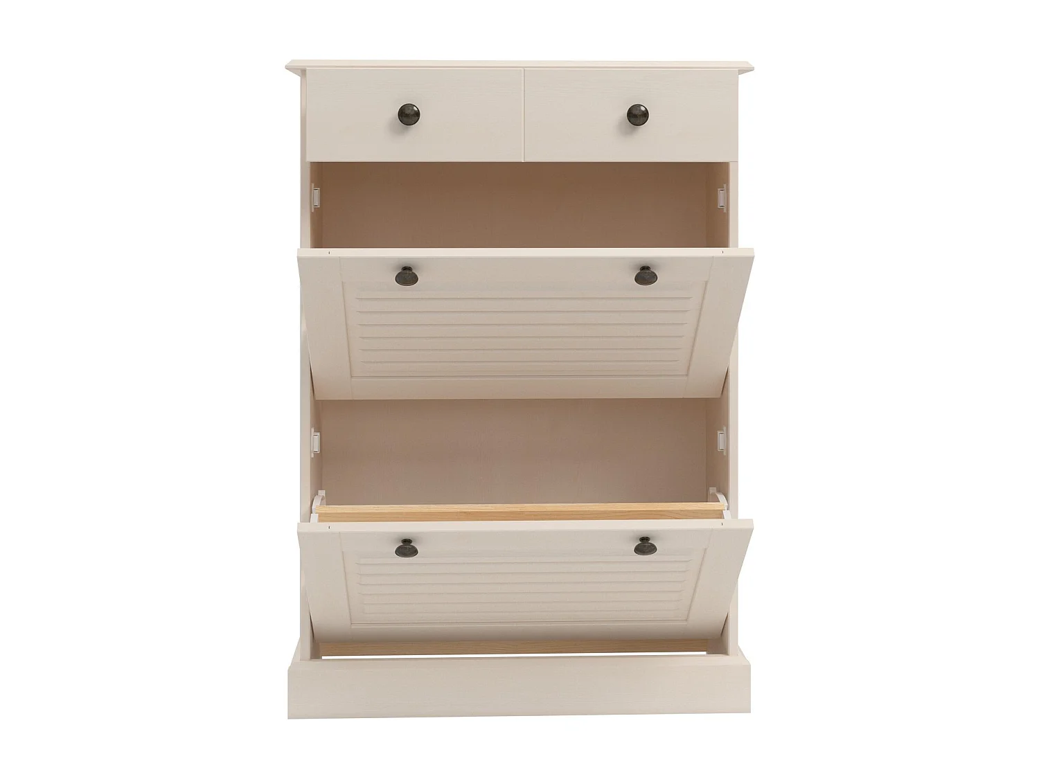 Mille | Coffre à chaussures avec 2 portes à rabat et 1 tiroir en pin blanc