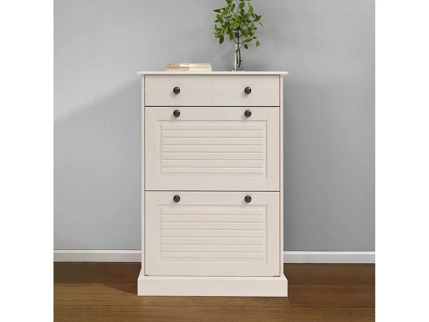 Mille | Coffre à chaussures avec 2 portes à rabat et 1 tiroir en pin blanc