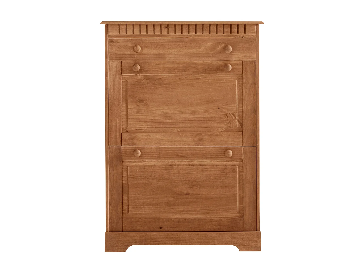 Lisa | Coffre à chaussures avec 2 portes battantes et 1 tiroir en pin naturelCoffre à chaussures avec 2 rabats et 1 tiroir en brun pin