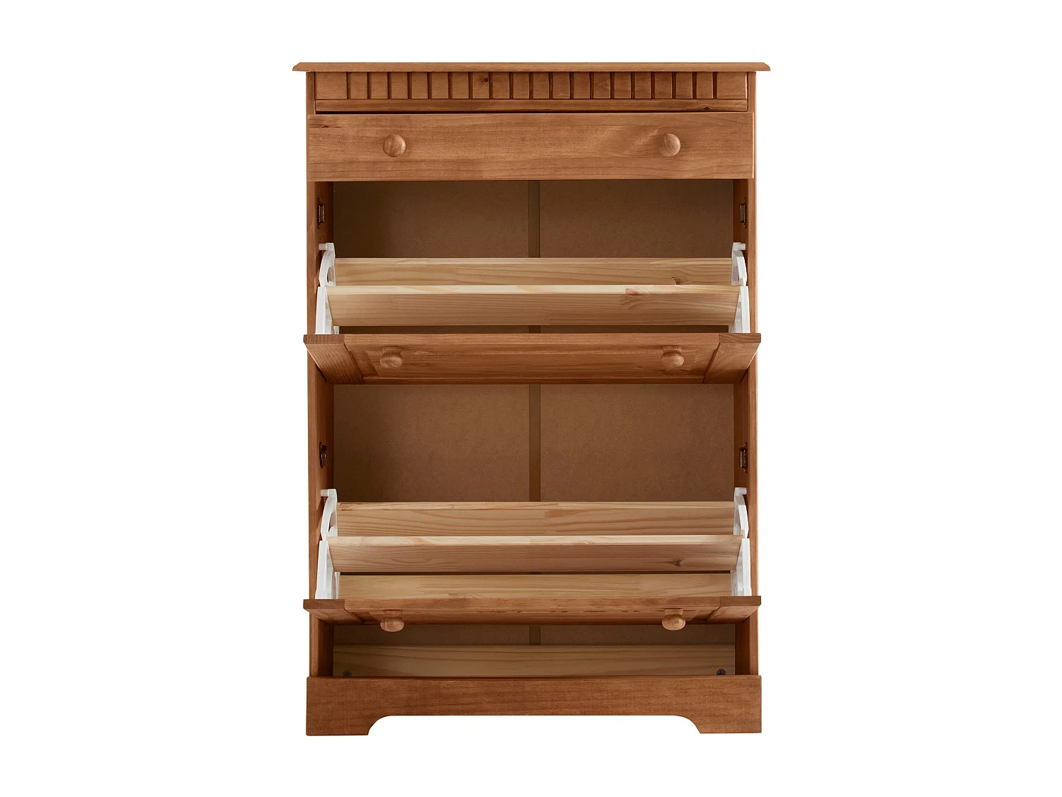 Lisa | Coffre à chaussures avec 2 portes battantes et 1 tiroir en pin naturelCoffre à chaussures avec 2 rabats et 1 tiroir en brun pin