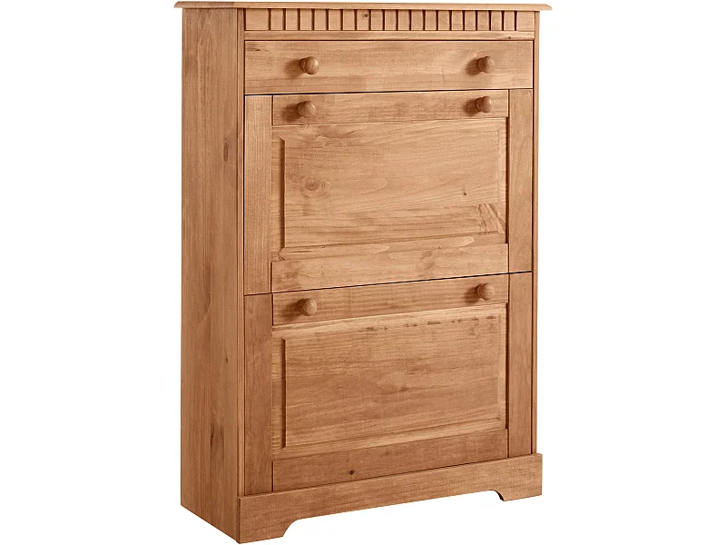 Lisa | Coffre à chaussures avec 2 portes battantes et 1 tiroir en pin naturelCoffre à chaussures avec 2 rabats et 1 tiroir en brun pin