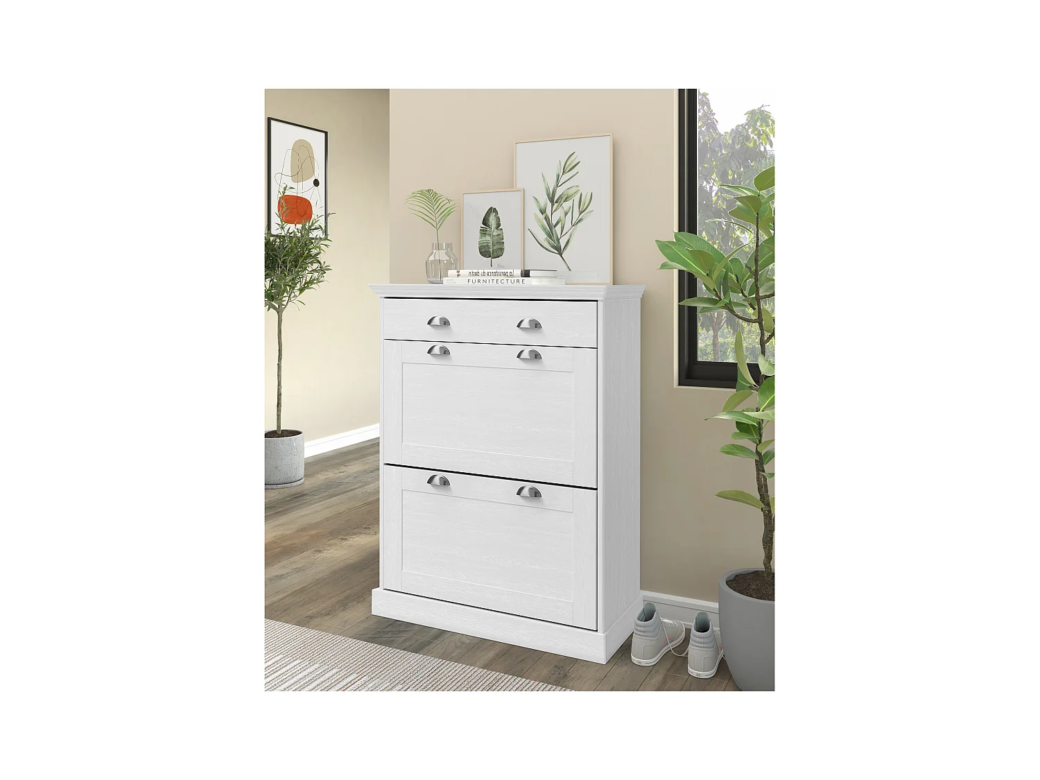 Motala | Schoenenopberger met 2 klepdeuren en 1 lade in dennenwit