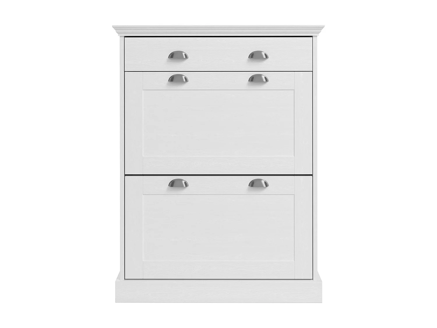 Motala | Coffre à chaussures avec 2 portes battantes et 1 tiroir en blancRangement pour chaussures avec 2 portes à rabat et 1 tiroir en blanc sapin