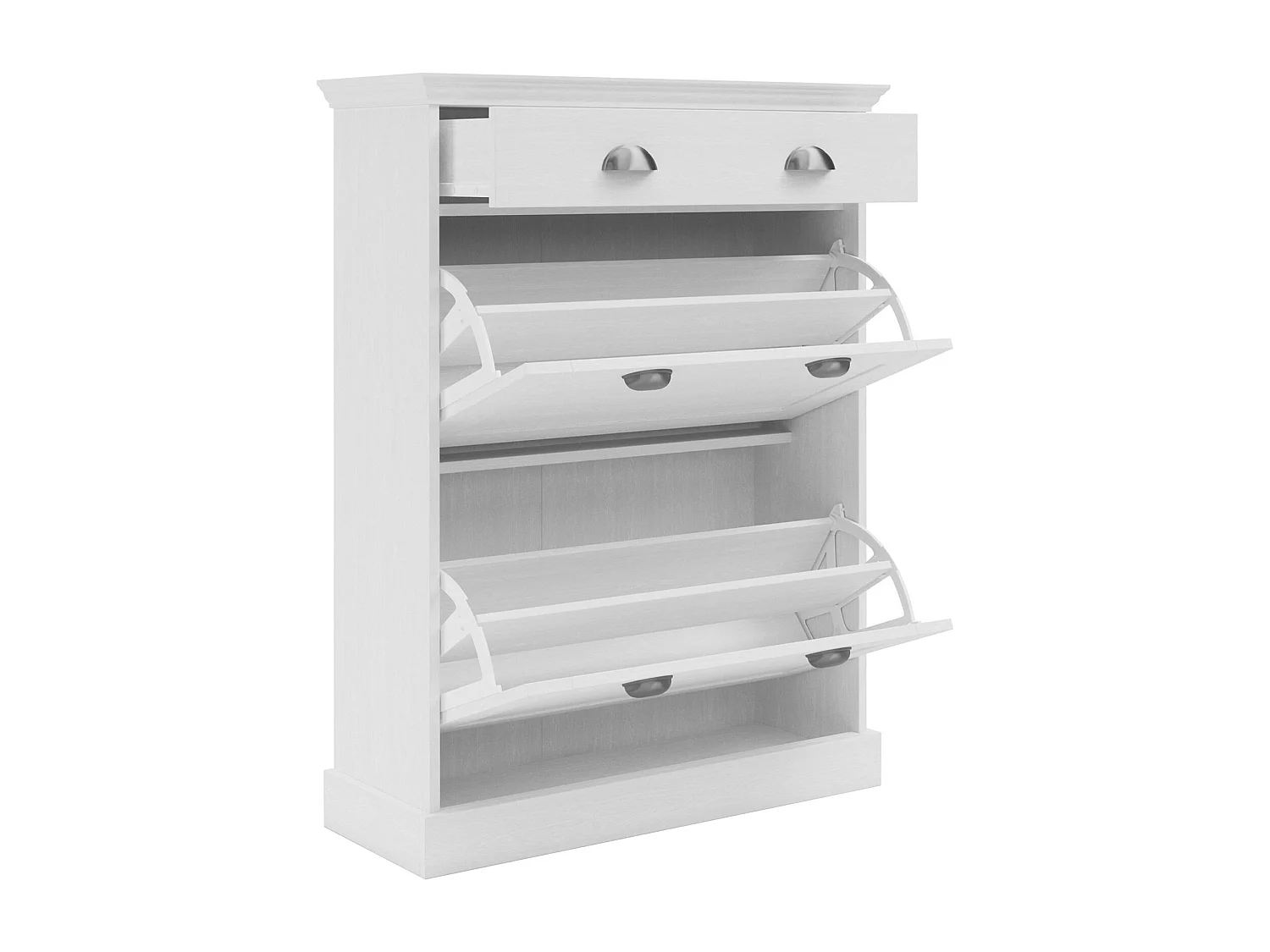 Motala | Coffre à chaussures avec 2 portes battantes et 1 tiroir en blancRangement pour chaussures avec 2 portes à rabat et 1 tiroir en blanc sapin