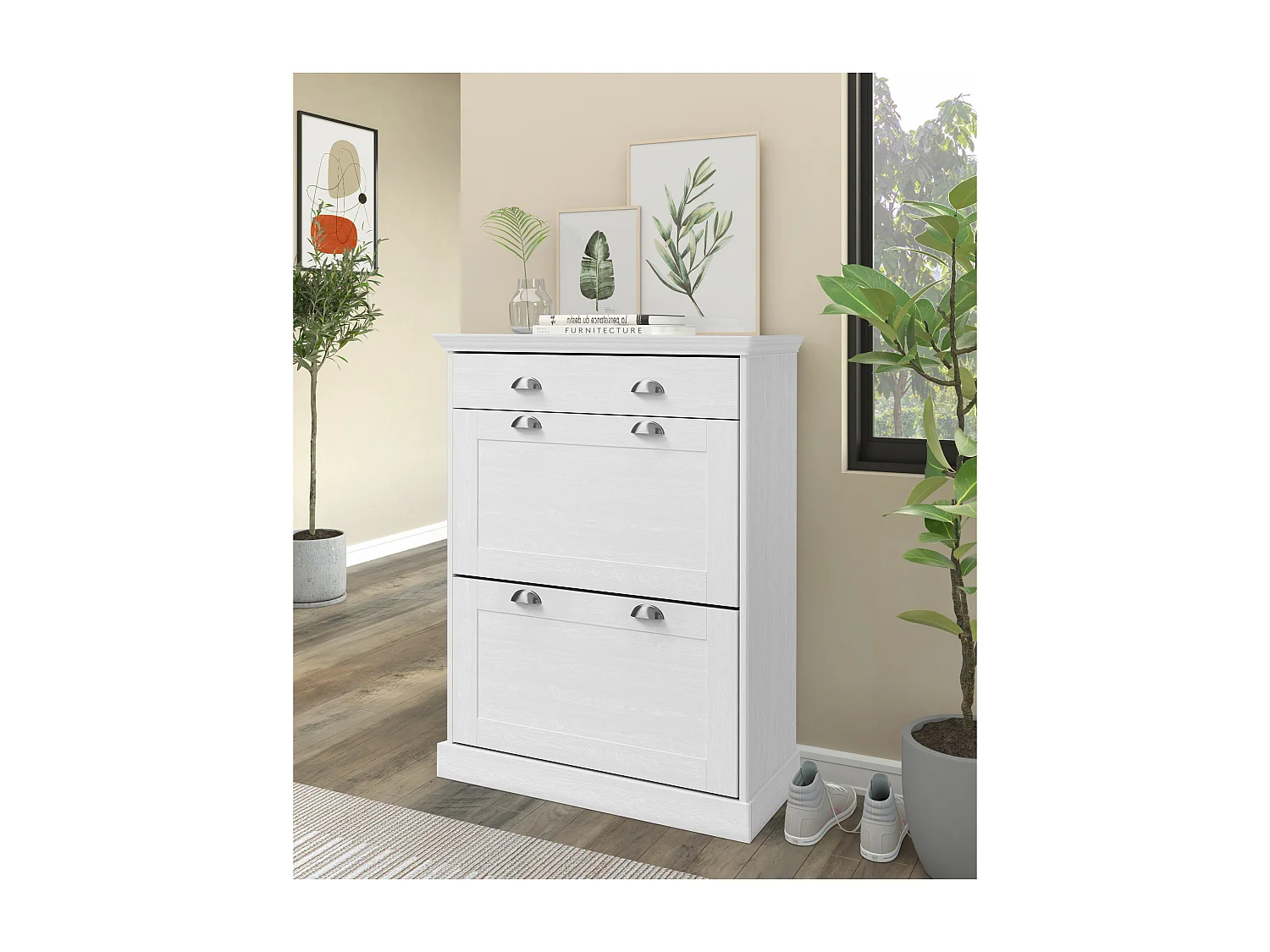 Motala | Coffre à chaussures avec 2 portes battantes et 1 tiroir en blancRangement pour chaussures avec 2 portes à rabat et 1 tiroir en blanc sapin