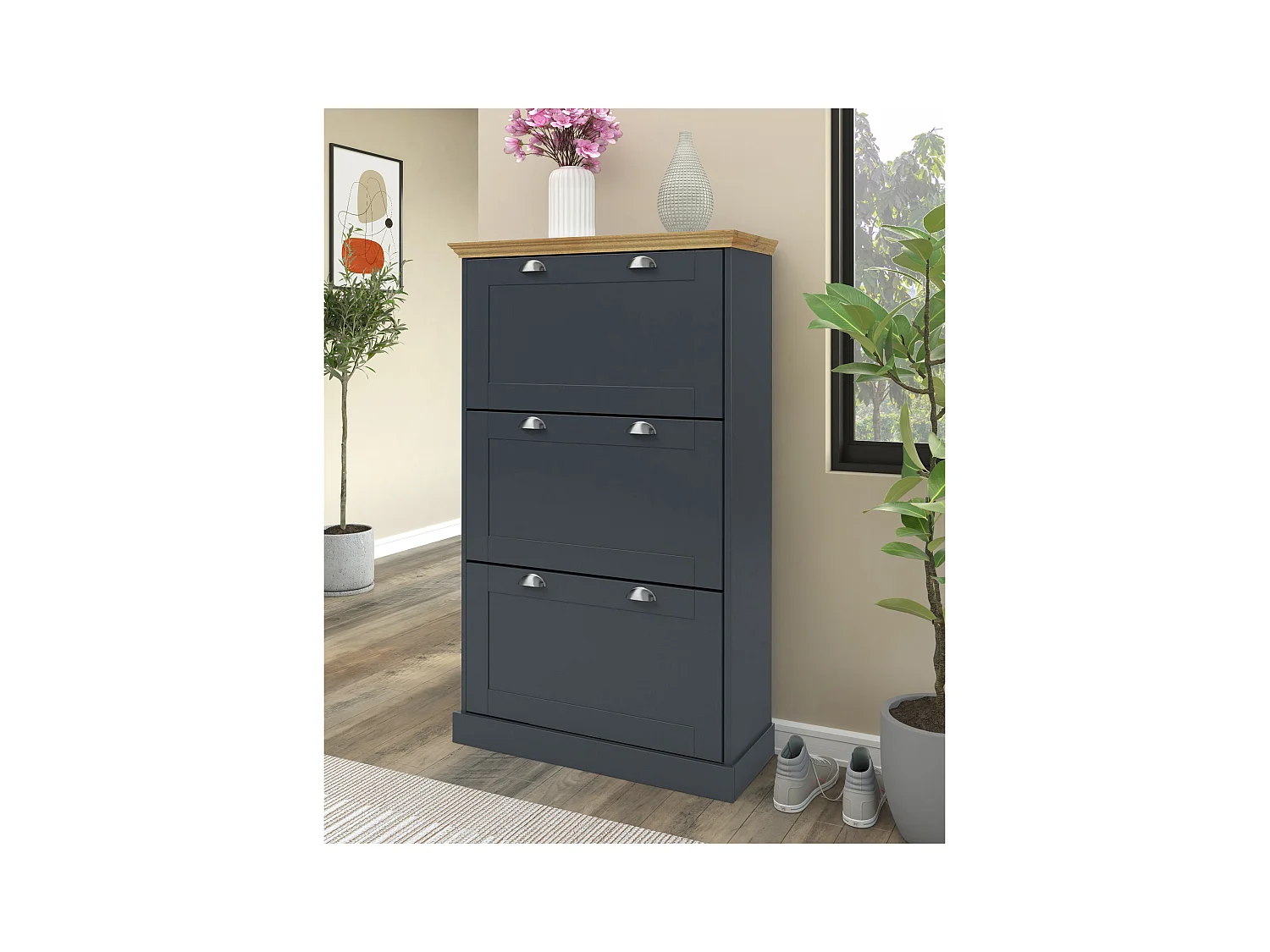 Motala | Schoenenopberger met 3 klepdeuren in houtlook antraciet