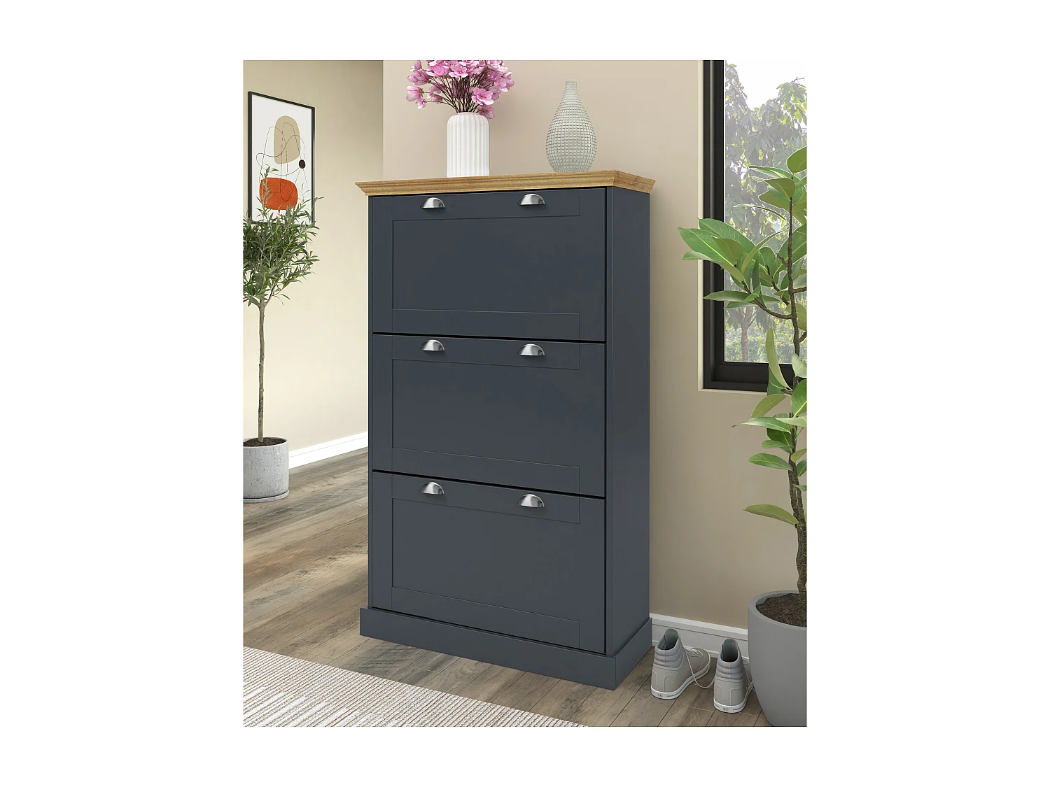 Motala | Scarpiera con 3 ante a ribalta in legno effetto antracite