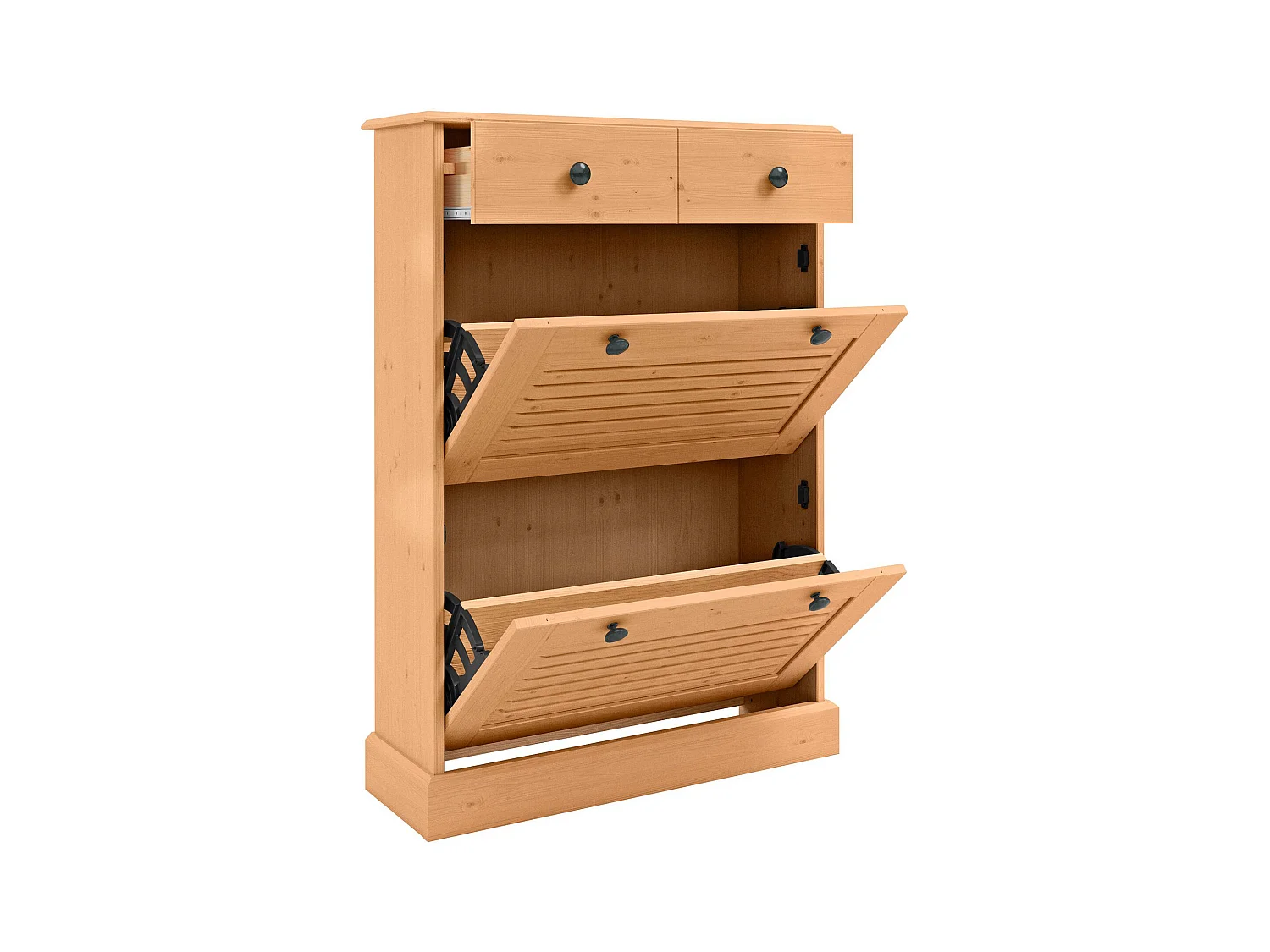 Mille | Coffre à chaussures avec 2 portes à rabat et 1 tiroir en pin naturel