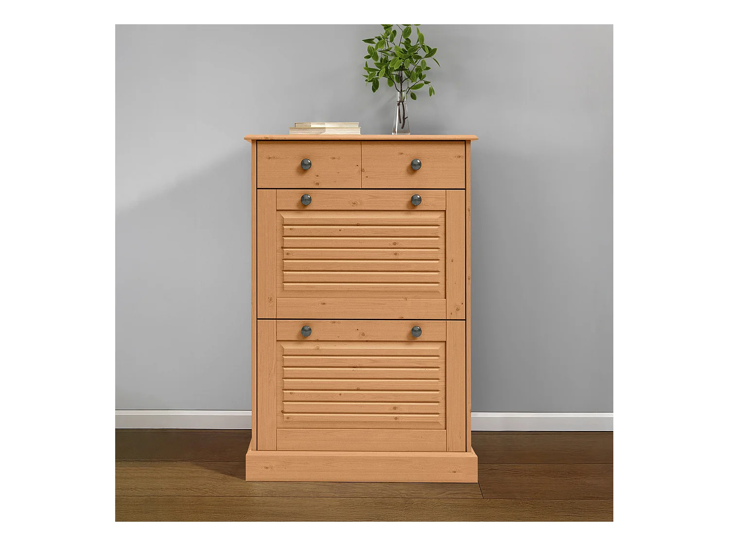 Mille | Coffre à chaussures avec 2 portes à rabat et 1 tiroir en pin naturel