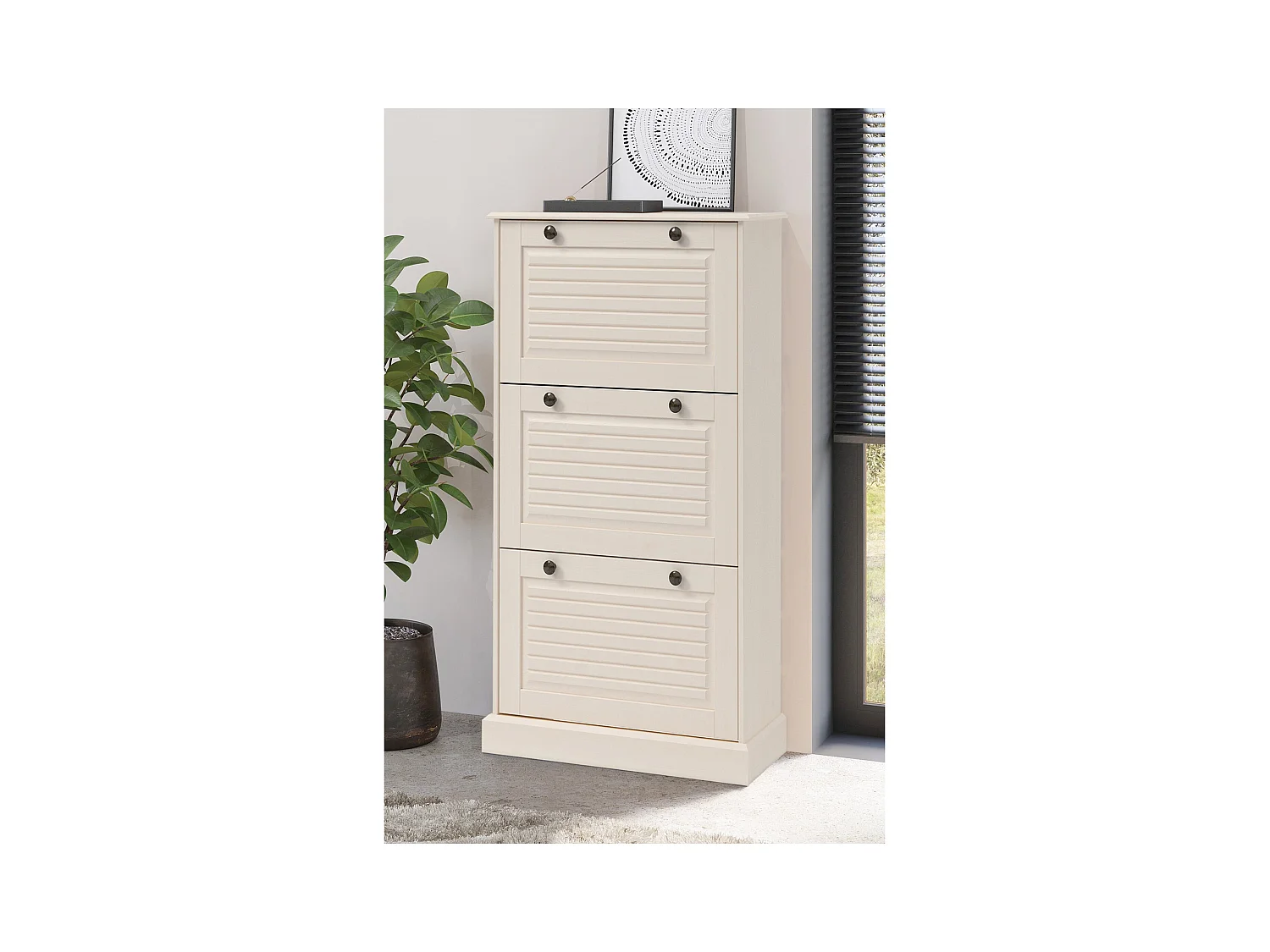 Mille | Coffre à chaussures avec 3 portes à rabat en pin blanc